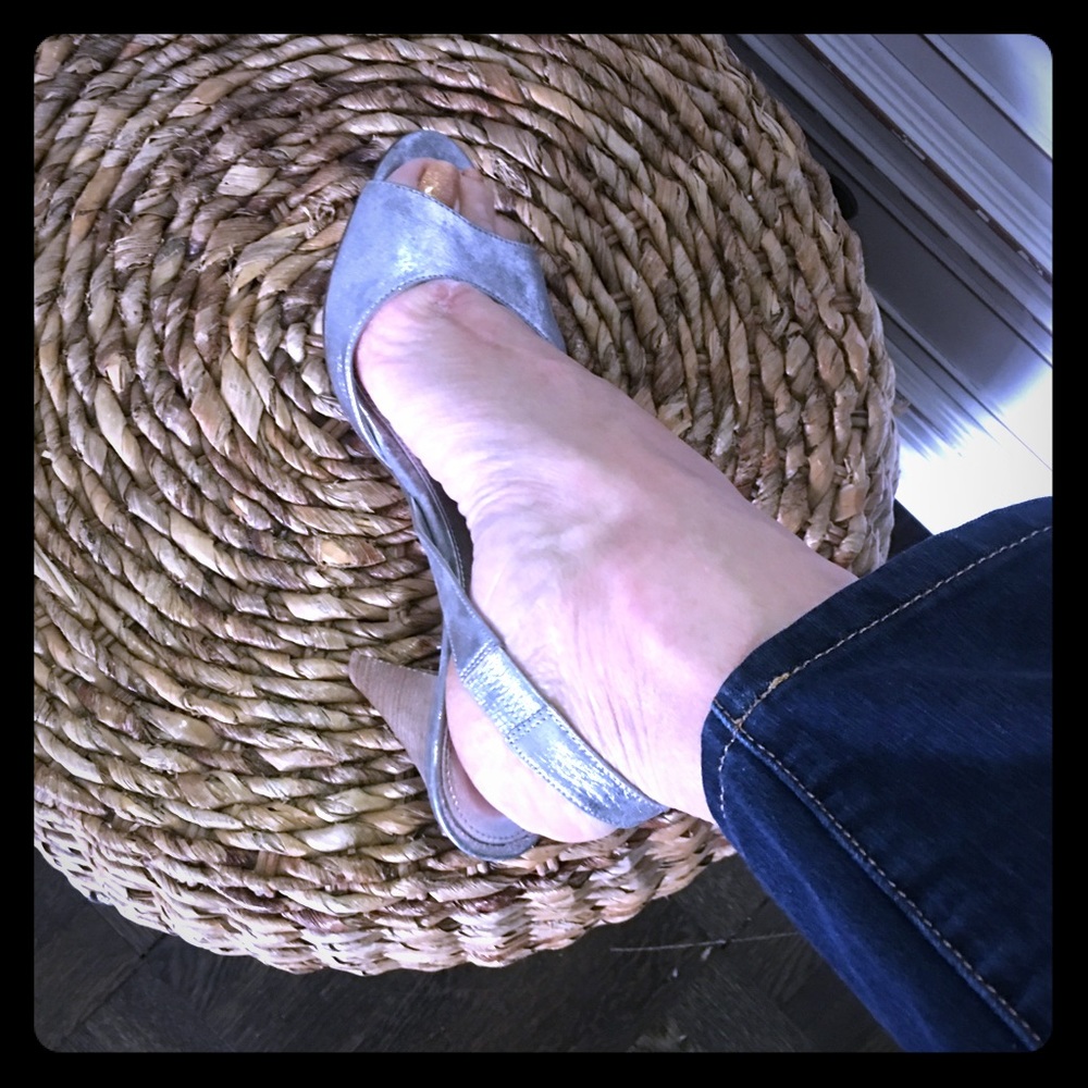 J.Crew silver leather wooden heel shoe NWOT